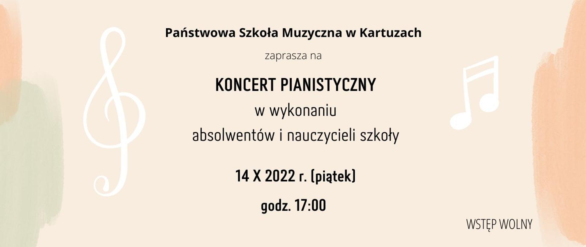 na grafice znajduje się czarny tekst o treści Państwowa Szkoła Muzyczna zaprasza na koncert pianistyczny w wykonaniu absolwentów i nauczycieli szkoły. 14 X 2022 r. godzina 17:00. Wstęp wolny. W tle klucz wiolinowy i nuty.