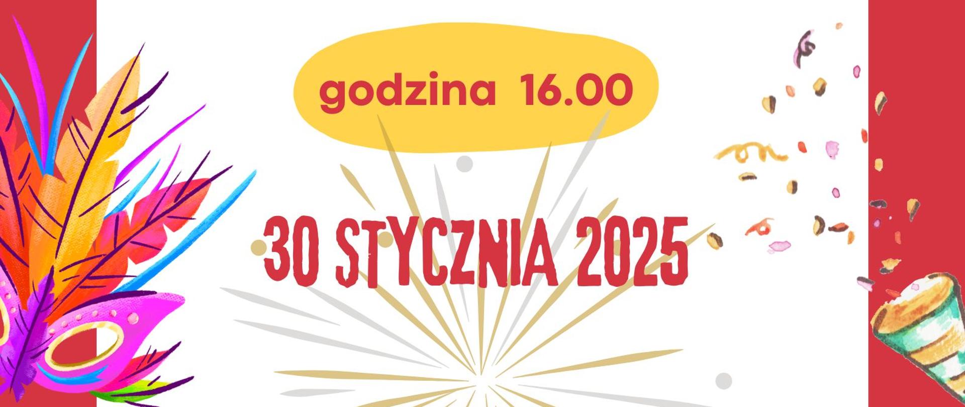 Biało czerwony plakat informujący o zabawie choinkowej. Czerwone i czarne napisy. Złote nuty, złote i srebrne kropki, kolorowa maska karnawałowa stanowią ozdobniki plakatu. 