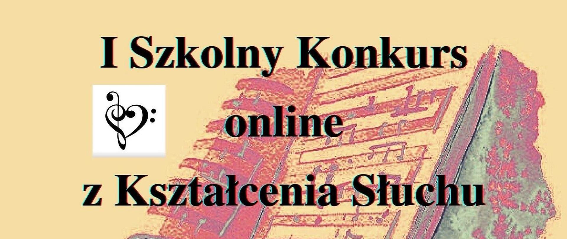 Grafika fortepian klawiatura, nuty na pulpicie, po lewej stronie klucze basowy i wiolinowy, z centralnej części napis : I Szkolny konkurs online z kształcenia słuchu. Wszystko na żółtym tle .