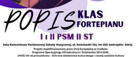 Plakat informacyjny dotyczący popisu klas fortepianu I i II PSM II st. odbywającego się w dniu 03.12.2024 o godz. 17.30.