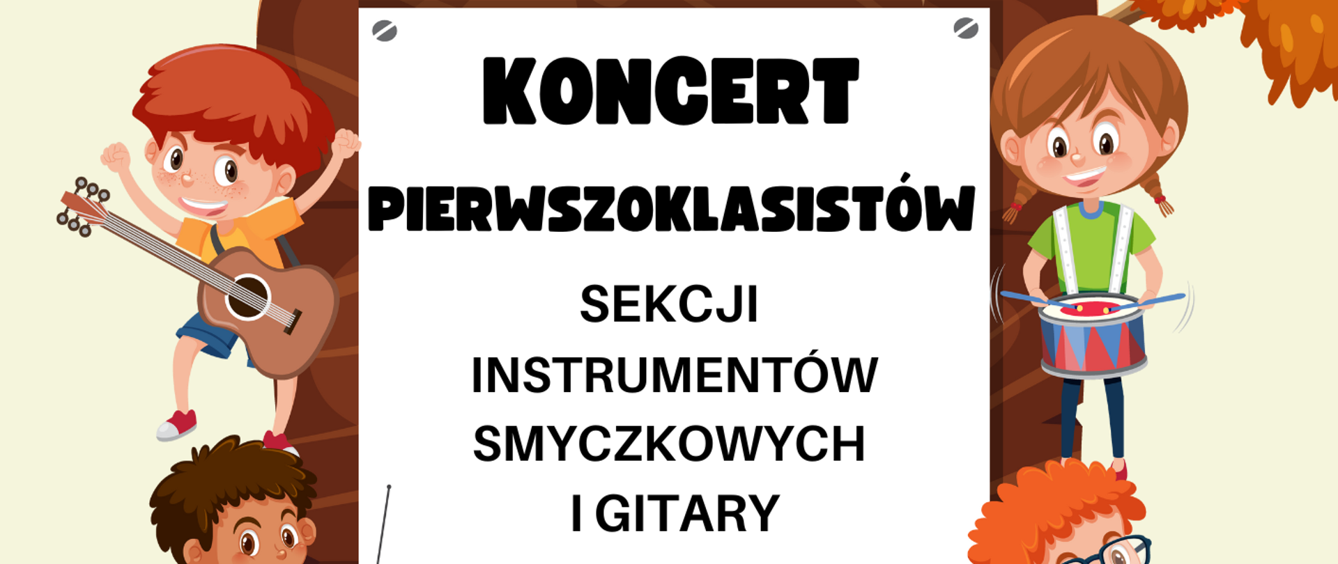 Afisz do koncertu pierwszoklasistów, 13.01.2025 godz. 17.00 sala kameralna. Na środku obrazek z grającymi dziećmi, napis informacyjny. 