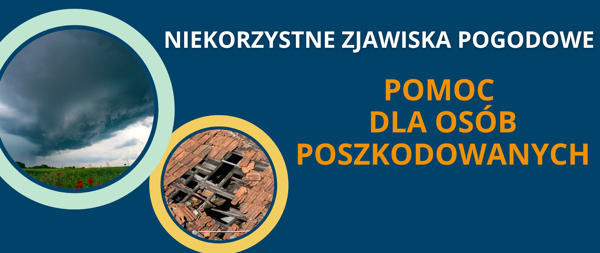 Grafika z granatowym tłem i dwoma zdjęciami przedstawiającymi zniszczony dach kryty czerwoną dachówką oraz widok na zielone pole z perspektywą na chmury burzowe i tworzące się leje kondensacyjne trąby powietrznej. Na grafice zamieszczony jest biały napis "Niekorzystne zjawiska pogodowe" oraz pomarańczowy napis "Pomoc dla osób poszkodowanych".