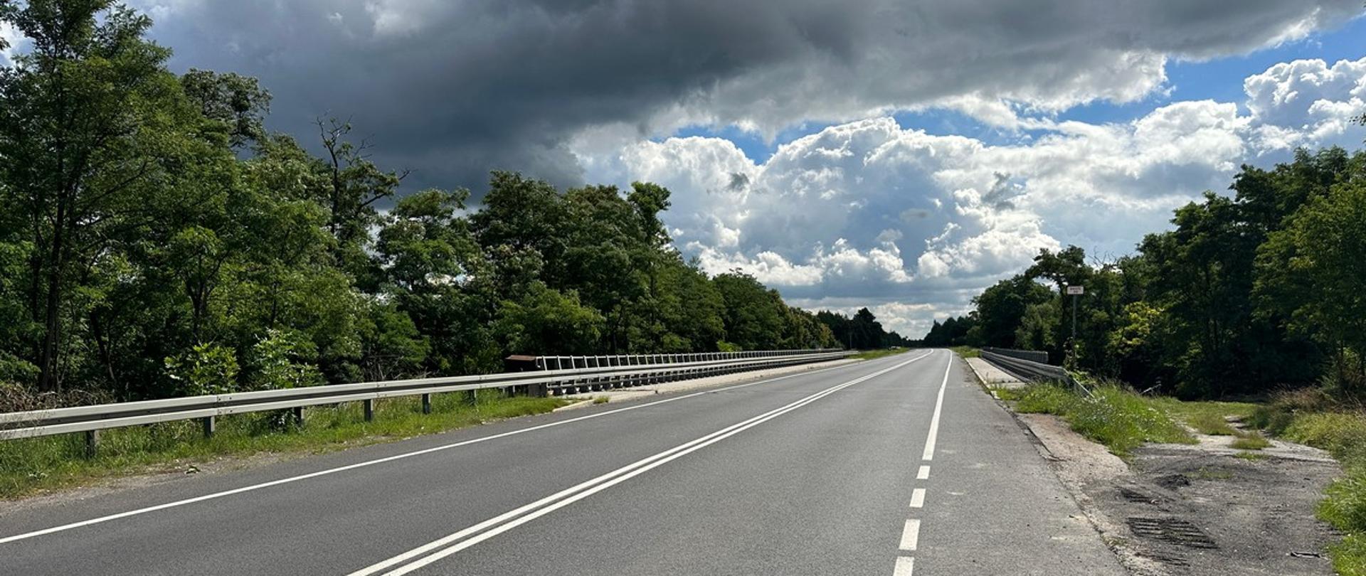 Droga krajowa nr 94 w okolicach miejscowości Pyskowice. Droga biegnie przez zalesiony teren. W środkowej części zdjęcia znajduje się most z barierami ochronnymi po każdej stornie drogi. Niebo pokrywają gęste, ale białe chmury.