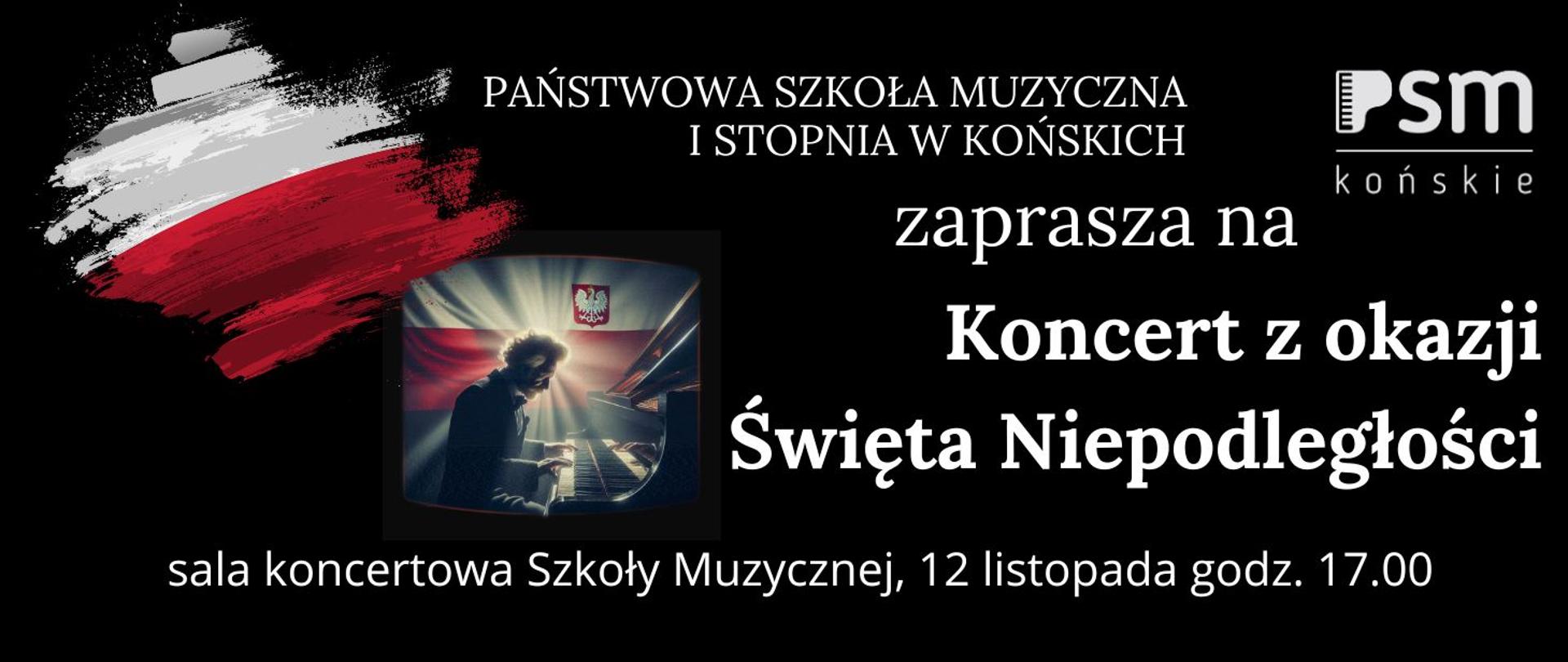 Baner na czarnym tle. Białe litery informujące o koncercie. W lewym górnym rogu flaga biało-czerwona.W prawy górnym rogu logo szkoły.