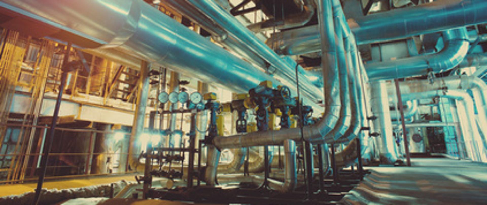Industrial zone, Steel pipelines, valves and ladders
