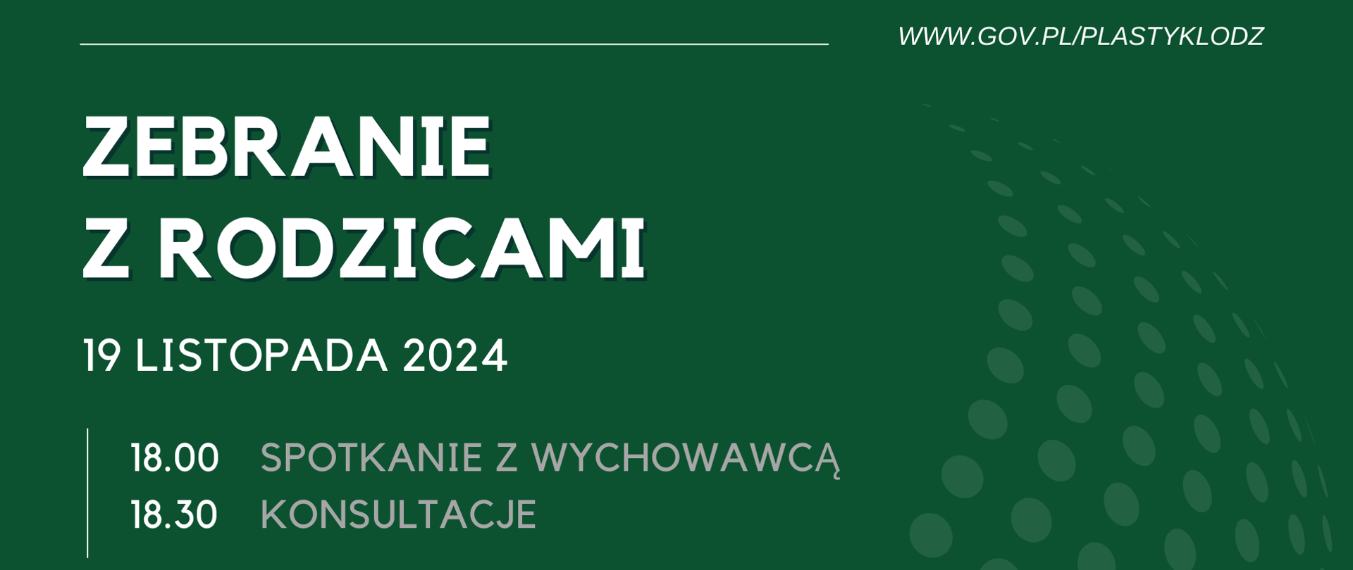 Wielobarwna grafika informująca o terminie zebrania z rodzicami: 19 listopada 2024, 18.00, konsultacje 18.30