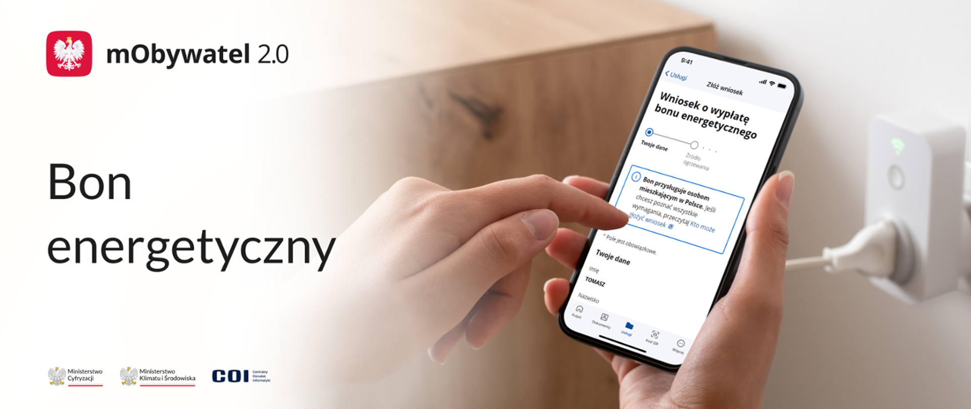 grafika z napisem "bon energetyczny" i zdjęciem telefonu z otwartą aplikacją mObywatel