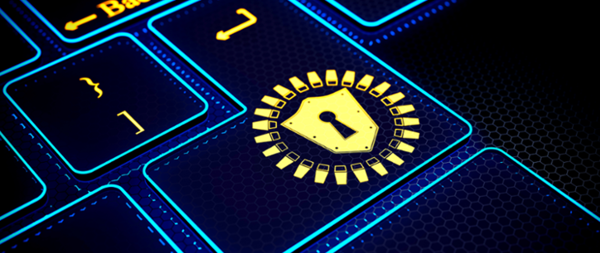 Grafika - żółta kłódka otoczona żółtymi elementami symbolizującym cyberbezpieczeństwo na granatowym, "cyfrowym" tle.