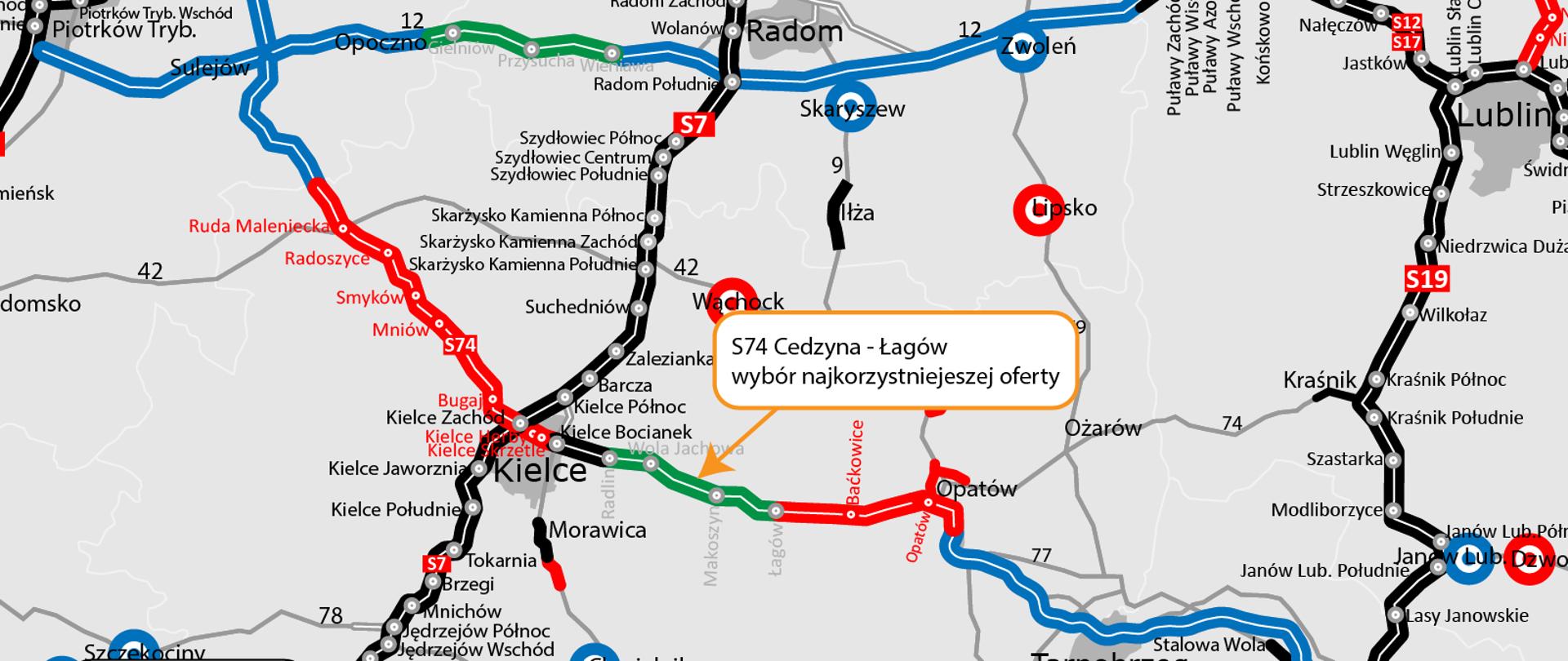 Mapa S74 Cedzyna - Łagów