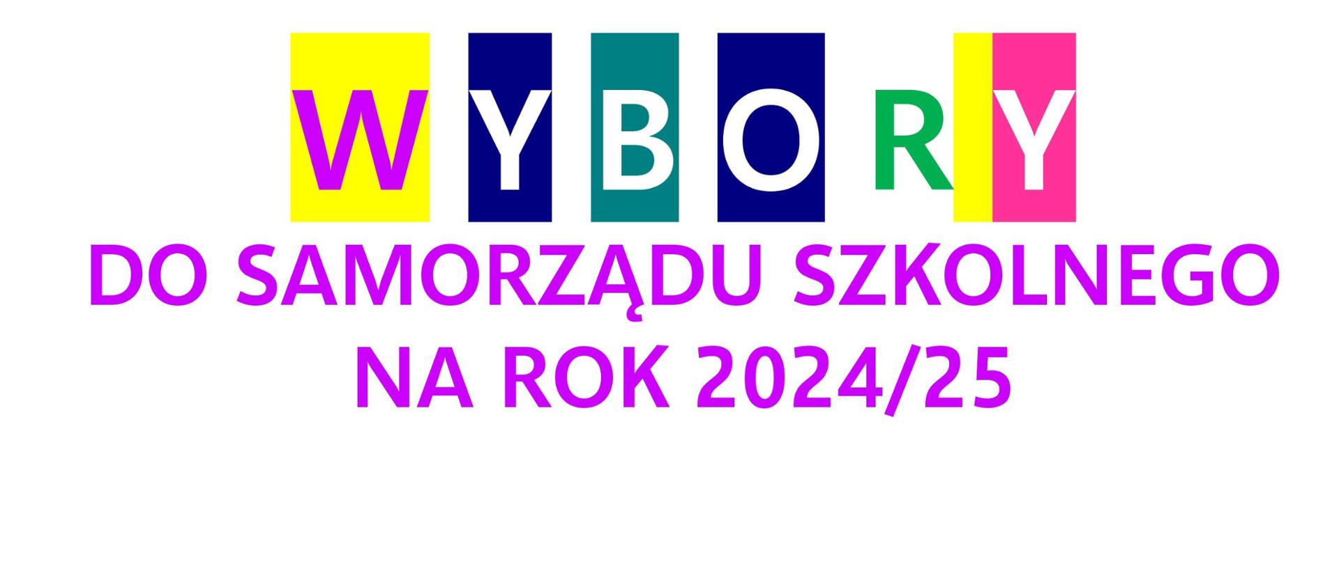 Plakat na białym tle z wypisanymi na fioletowo, granatowo, niebiesko i zielono informacjami dotyczącymi wyborów do samorządu szkolnego, które odbędą się we wtorek 17.09.2024 roku o godzinie 16:40-17:00 w sali kameralnej.