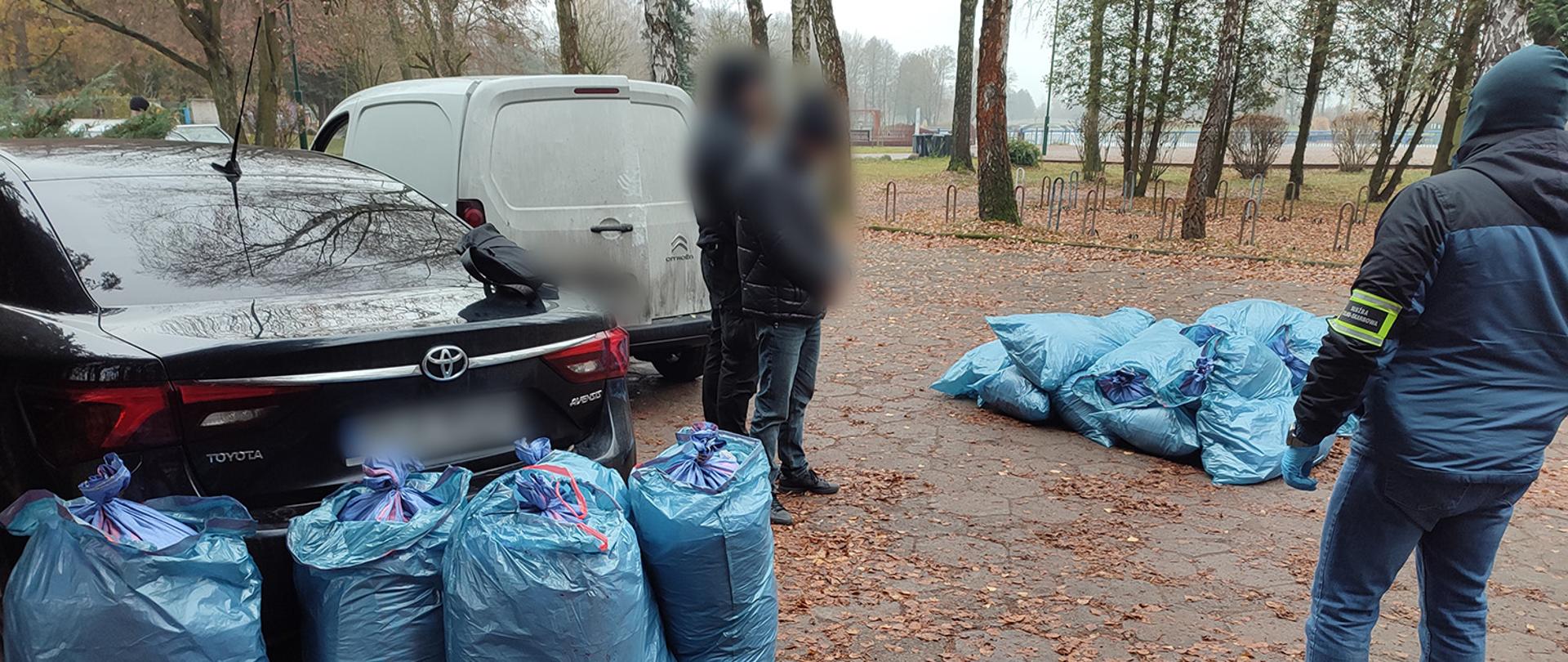 Trzej mężczyźni stoją między dwoma samochodami i spoglądają na niebieskie worki.