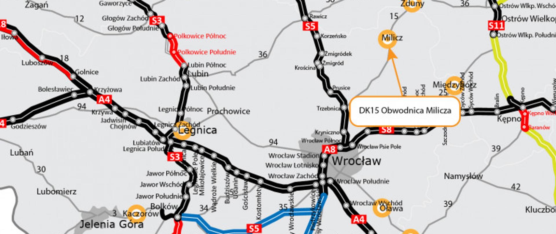 na zdjęciu widać mapę Dolnego Śląska i zaznaczoną obwodnicę Milicza