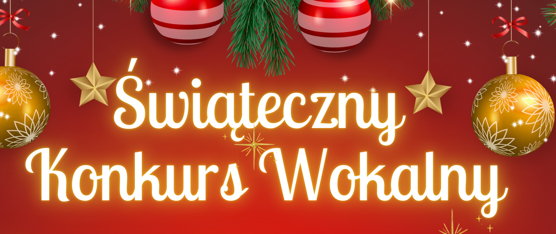 Czerwone tło plakatu. Od góry wiszące kolorowe bąbki na gałązkach świerku. Napis "Świąteczny Konkurs Wokalny 13 grudnia 2024 r. godz. 17:00" Obok napisu odlewej zdjęcie dziewczyny siedzącej koło fortepianu, która trzyma w rękach kartki a nutami. Obok napis "Uczestnicy konkursu wezmą udział w warsztatach wokalnych prowadzących przez p. Dorotę Wróblewską" oraz "Regulamin dostępny na stronie szkoły". Na samym dole kolorowe pudełka prezentowe a po środku ubrana w bąbki choinka.