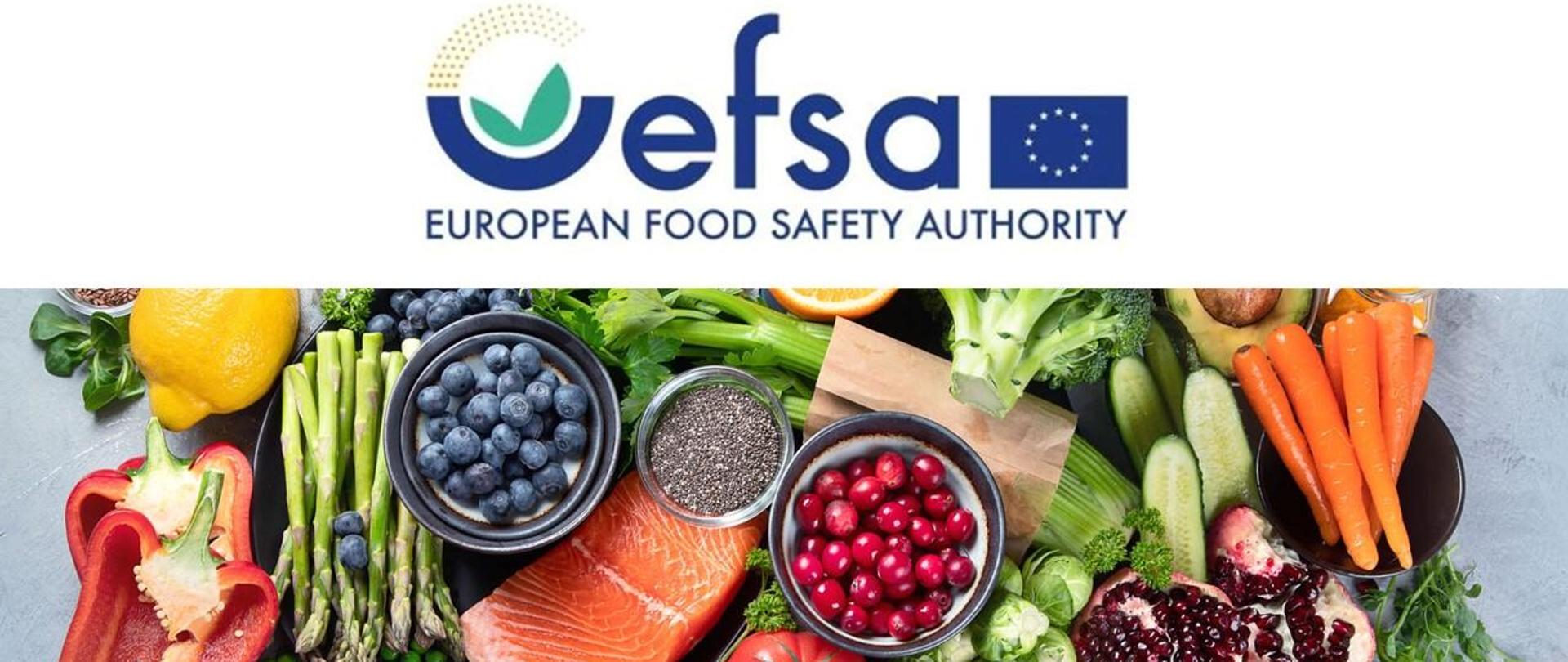 logo EFSA (European Food Safety Authority) Europejski Urząd do spraw Bezpieczeństwa Żywności, zdjęcie różnych owoców i warzyw