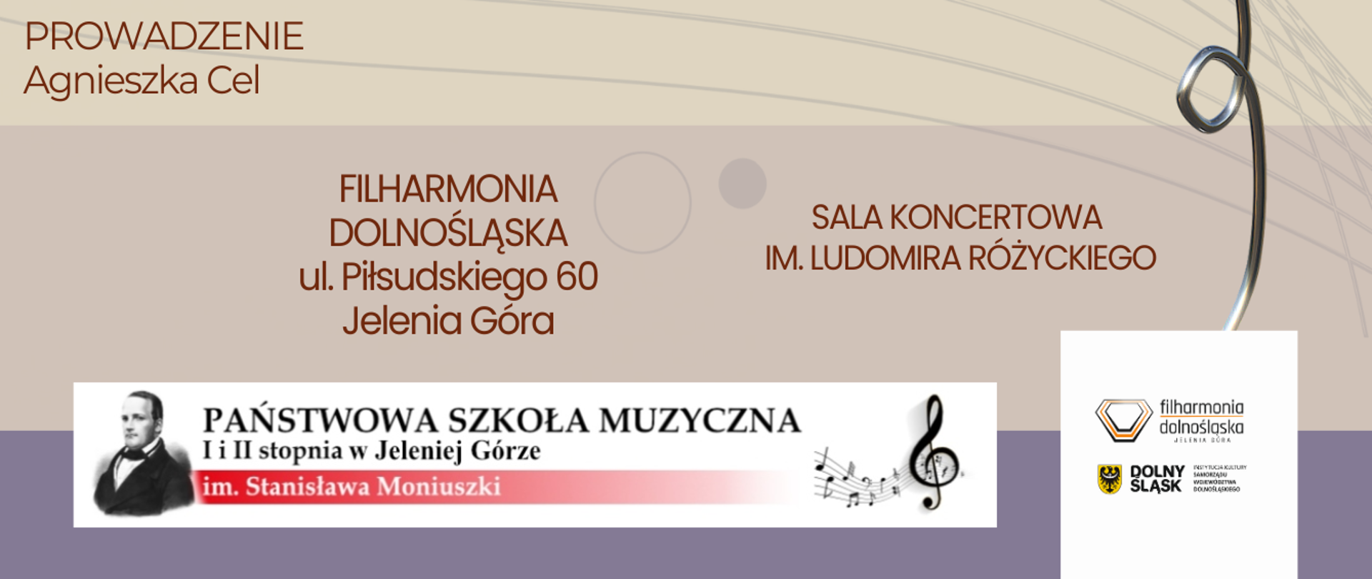 Plakat wydarzenia Koncert Pedagogów 24 października 2024 , godz. 17 sala im. Ludomira Różyckiego w Filharmonii Dolnośląskiej w Jeleniej Górze. Prowadzenie Agnieszka Cel. Plakat w barwach beżowych z fioletowymi i brązowymi napisami. w lewym górnym roku zdjęcie części sali koncertowej . W dolnym prawym rogu trójwymiarowa, pojedyncza, srebrna róża