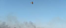 Samolot gaśniczy leci nad pożarem w celu wykonania zrzutu wody

