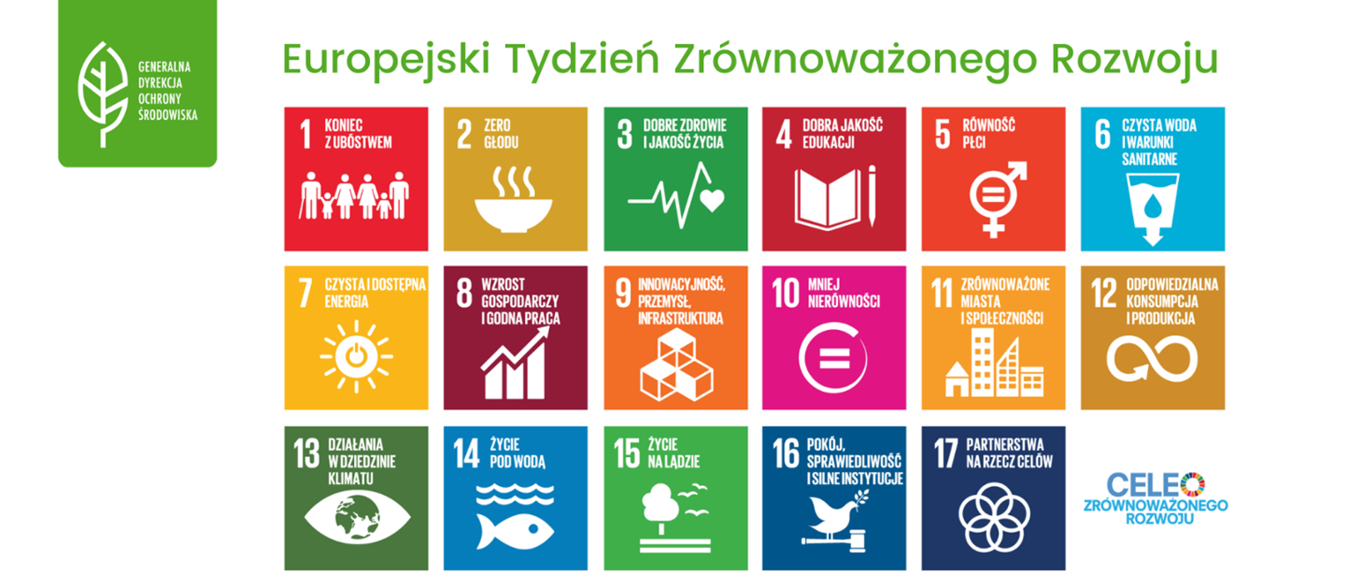 Na kolorowych kwadratach grafiki i opis 17 celów zrównoważonego rozwoju: 1. Koniec z ubóstwem. 2. Zero głodu. 3. Dobre zdrowie i jakość życia. 5. Równość płci. 6. Czysta woda i warunki sanitarne. 7.Czysta i dostępna energia. 8. Wzrost gospodarczy i godna praca. 9. Innowacyjność. Przemysł. Infrastruktura. 10. Mniej nierówności. 11. Zrównoważone miasta i społeczeństwo. 12. Odpowiedzialna konsumpcja i produkcja. 13. Działania w dziedzinie klimatu. 14. Życie pod wodą. 15. Życie na lądzie. 16. Pokój, sprawiedliwość i silne instytucje. 17. Partnerstwa na rzecz celów. 