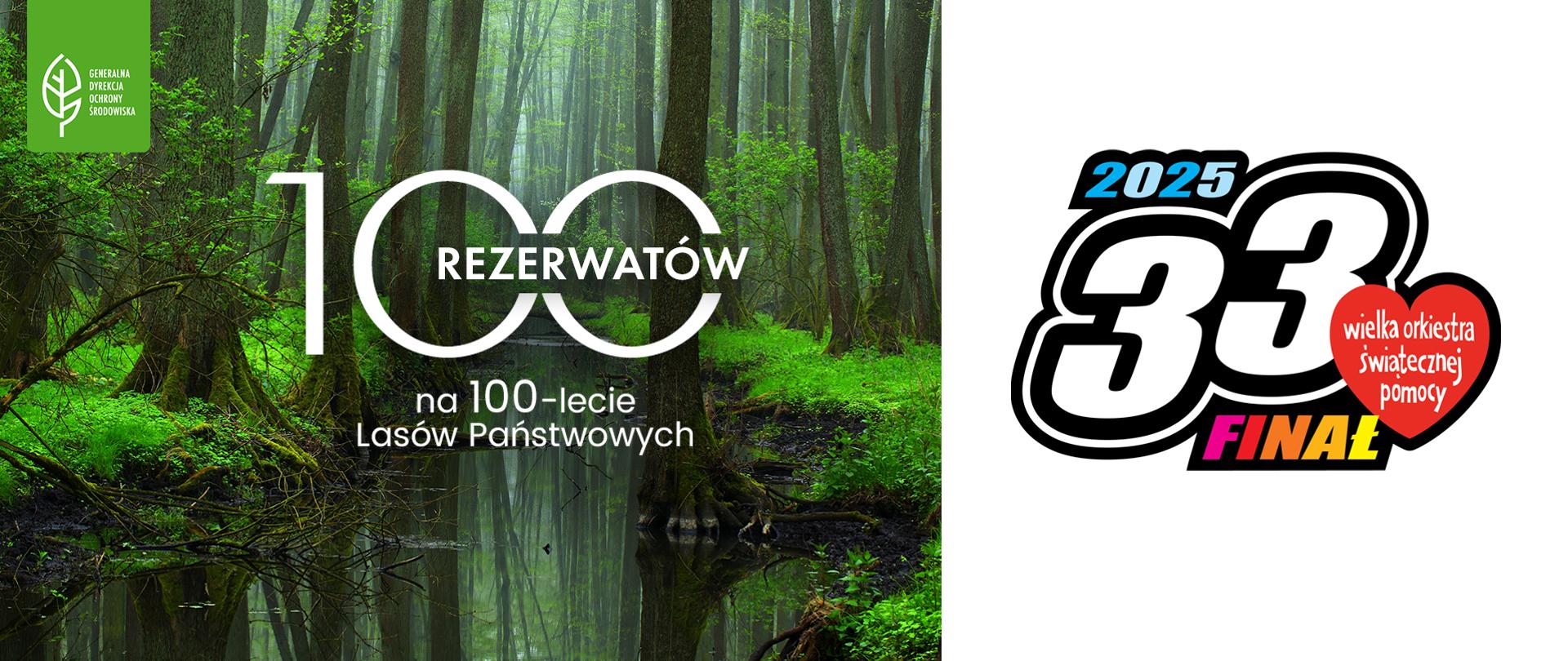 Las. Stare drzewa, pomiędzy którymi płynie strumień. Wokół zielona trawa. Na tle lasu napis: 100 rezerwatów na 100-lecie lasów państwowych. Po prawej stronie na białym tle kolorowe logo 33. Finału Wielkiej Orkiestry Świątecznej Pomoc (czerwone serduszko i liczba 33).