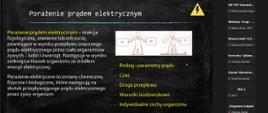 zdjęcie przedstawia wycinek z prezentacji ze szkolenia. na zdjęciu u góry jest temat "porażenie prądem elektrycznym" po prawej stronie napisu jest znak żółtego trójkąta z czarnym piorunem w środku. Pod spodem jest tekst"porażenie prądem - reakcja fizjologiczna, zranien ie lub odczucie powstające w wyniku przepływu znacznego prądu elekrtycznego przez ciało organizmów żywych - ludzi i zwierząt. Następuje w wyniku zetknięcia tkanek organizmu ze źródłem energii elektrycznej. Porażenie elektryczne to zmiany chemiczne, fizyczne i biologiczne, które następują na skutek przepływającego prądu elektrycznego przez żywy organizm. Po lewej stronie tego tekstu jest obraze przedstawiający dwóch ludzików, których razi prąd. pod spodem są wymienione od myśliników: rodzaj i parametry prądu, czas, droga przepływu, warunki środowiskowe, indywidualne cechy organizmu.