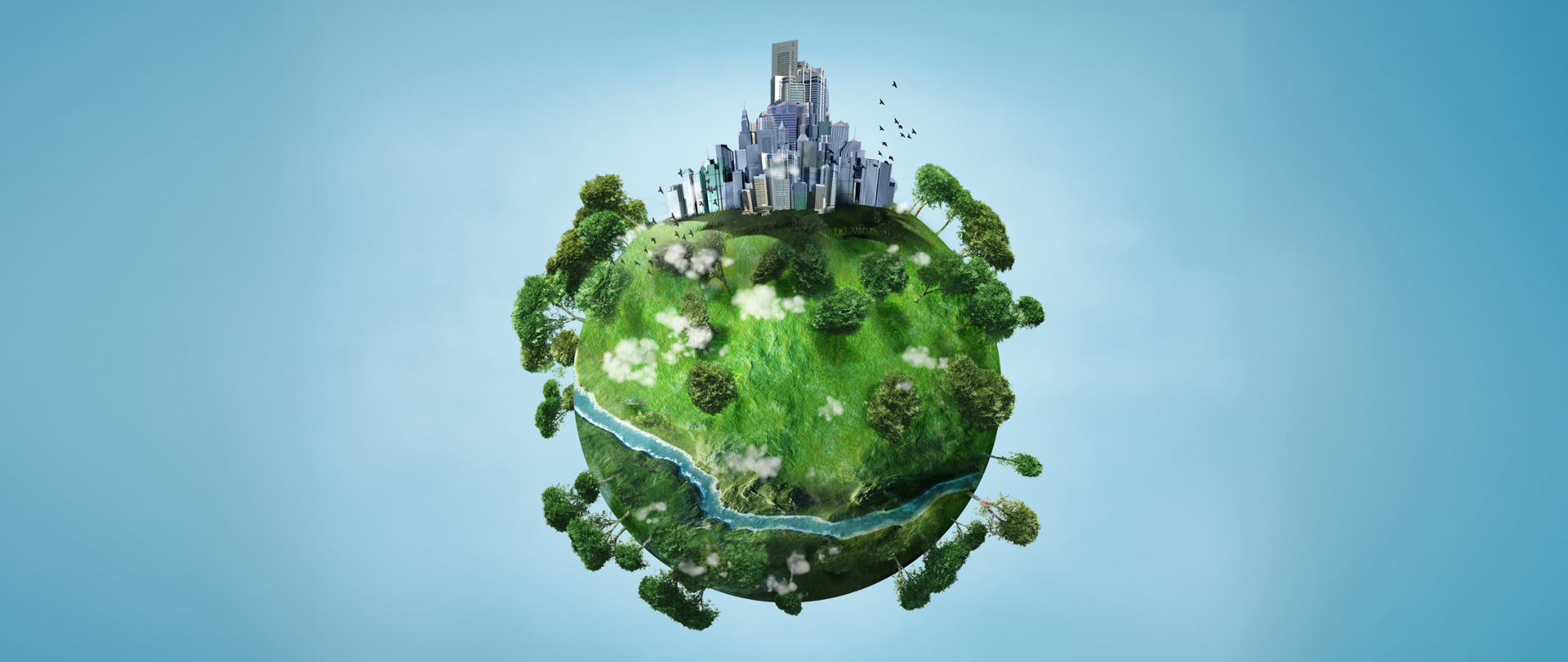 Wizualizacja kuli ziemskiej z miastem, drzewami i rzeką.