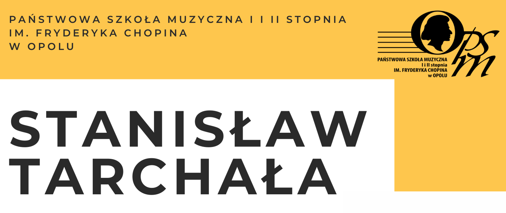 w dolnej części zdjęcie przedstawiające twarz starszego mężczyzny z wąsami w okularach, powyżej z prawej strony znajduje się akordeon oraz logo szkoły muzycznej w Opolu, całość na tle białym i żółtym