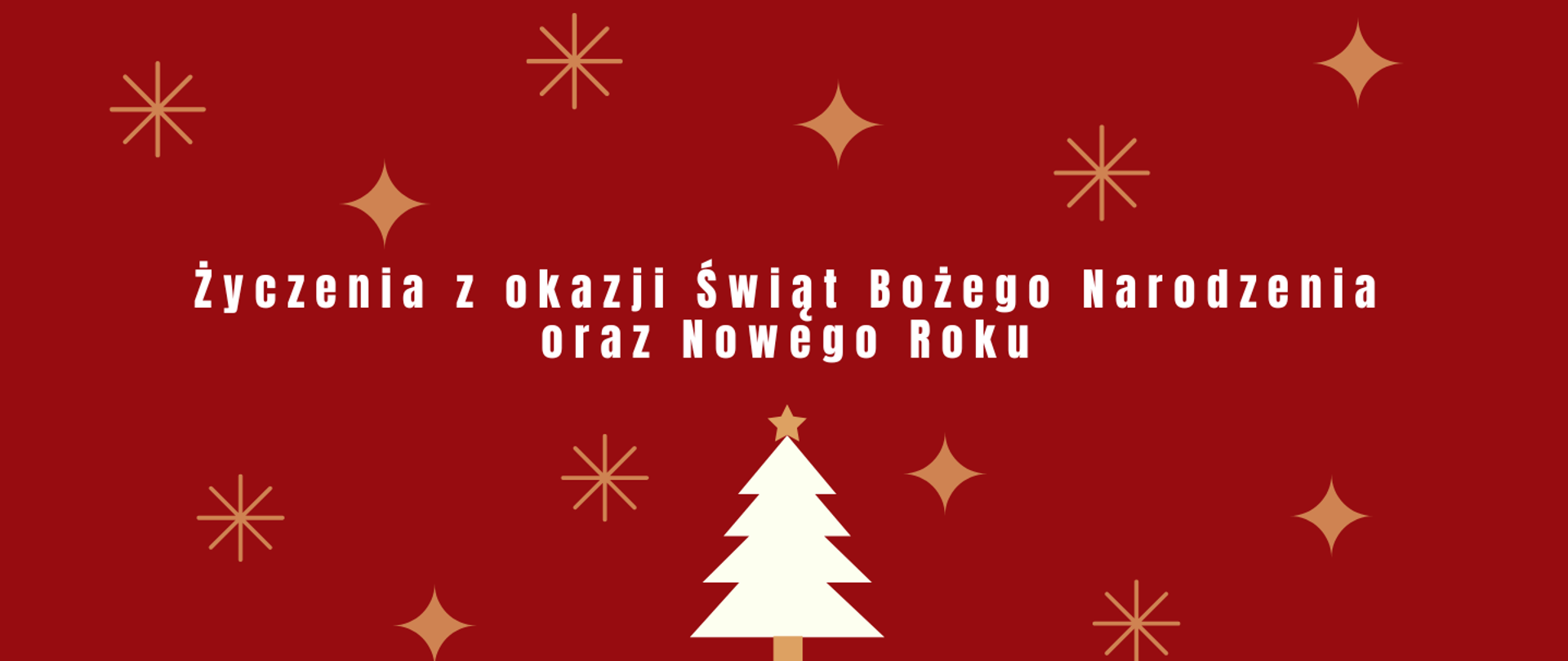 Na czerwonym tle bladopomarańczowe ikony gwiazdek i śnieżynek. W centralnej części biały napis "Życzenia z okazji Bożego Narodzenia oraz Nowego Roku". W dolnej części biała ikona choinki. 