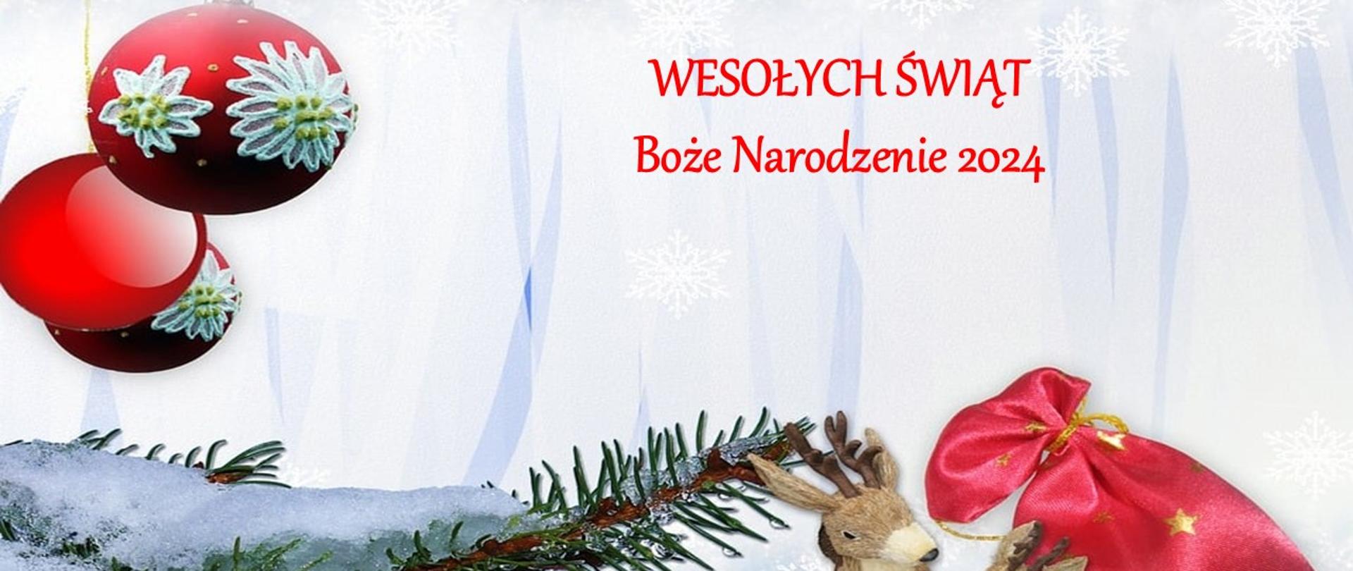 Zdjęcie przedstawia napis wesołych świąt Boże Narodzenie 2024, czerwone bombki, jodłę, śnieżynki, worek z prezentami