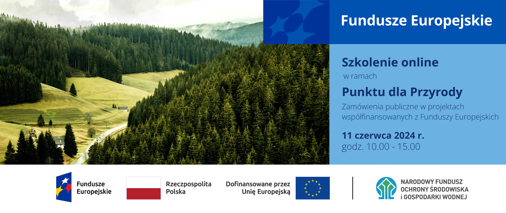 Po lewej stronie zdjęcie lasu, po prawej napis: "Fundusze Europejskie. Szkolenie online w ramach Punktu dla Przyrody. Zamówienia publiczne w projektach współfinansowanych z Funduszy Europejskich. 11 czerwca 2024 r. godz. 10.00 - 15.00", na dole ciąg znaków: FE, RP, UE i NFOŚIGW.