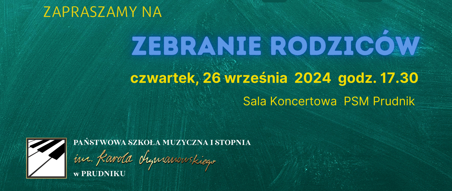 Ogłoszenie z informacja o zebraniu rodziców. Na zielonym tle informacja o zebraniu oraz ikonografia przedstawiająca rodziców na zebraniu.