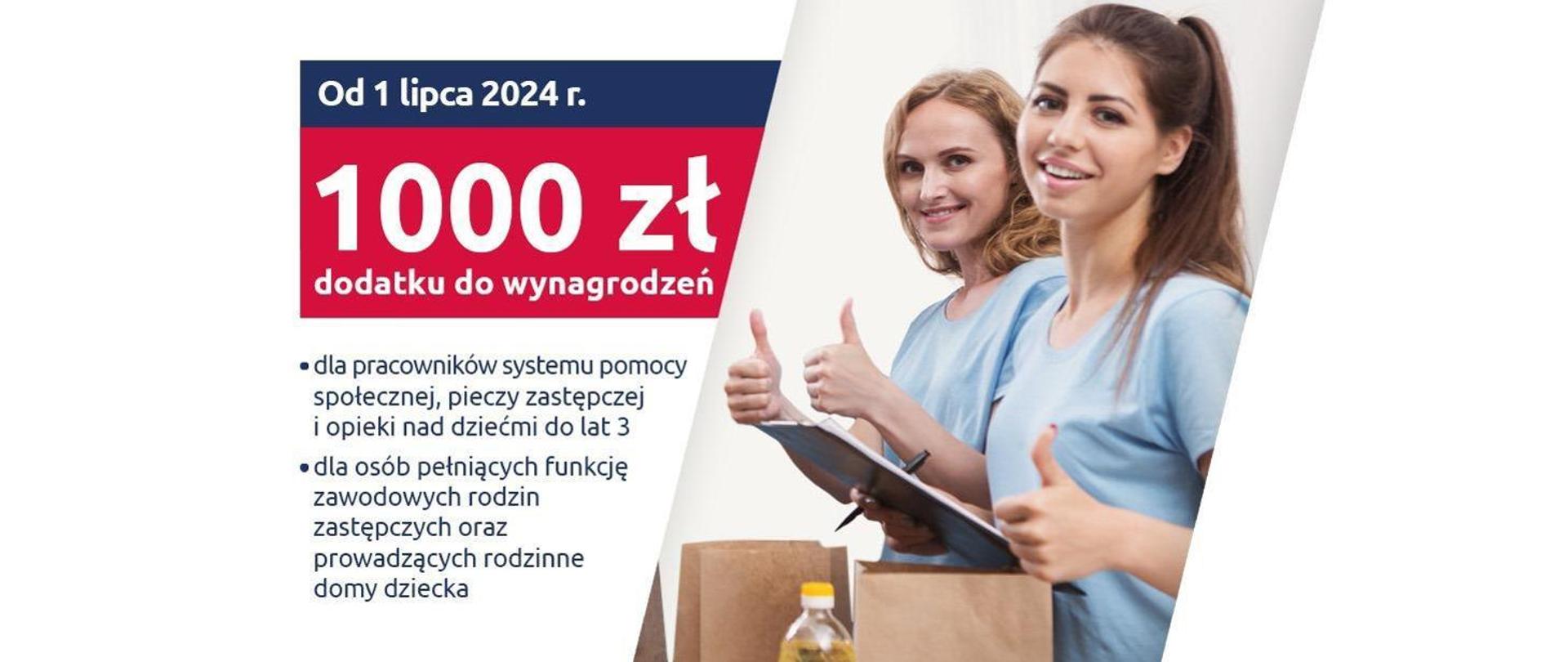 grafika przedstawia dwie kobiety z uniesionymi kciukami, jest napis od 1 lipca 2024 r. 1000 zł dodatku do wynagrodzeń
