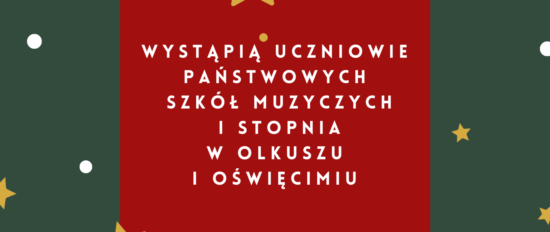Zielono - czerwony afisz z motywami ozdób świątecznych i prezentów. Zaproszenie na koncert mikołajkowy, który odbędzie się 7.12.2023 o 17:00 w sali koncertowej.