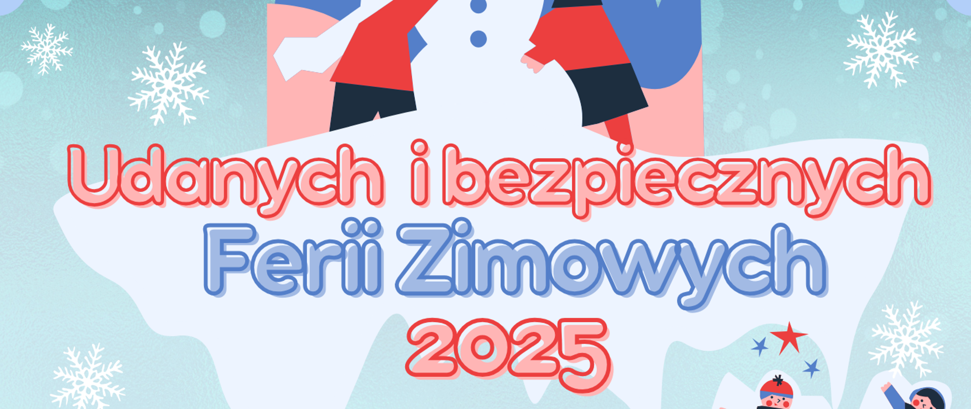 Na niebieskim tle czerwono – niebieskie napisy. U góry, w środkowej części plakatu stoi bałwanek w otoczeniu chłopca oraz dziewczynki przytulających go z uśmiechem. U dołu , w na tle zaśnieżonych choinek maluchy uprawiają spoty zimowe: jazdę na łyżwach, sankach i nartach. Na bocznych krawędziach umieszczono dzieci robiące aniołka na śniegu. Na całości plakatu widnieją białe płatki śniegu.