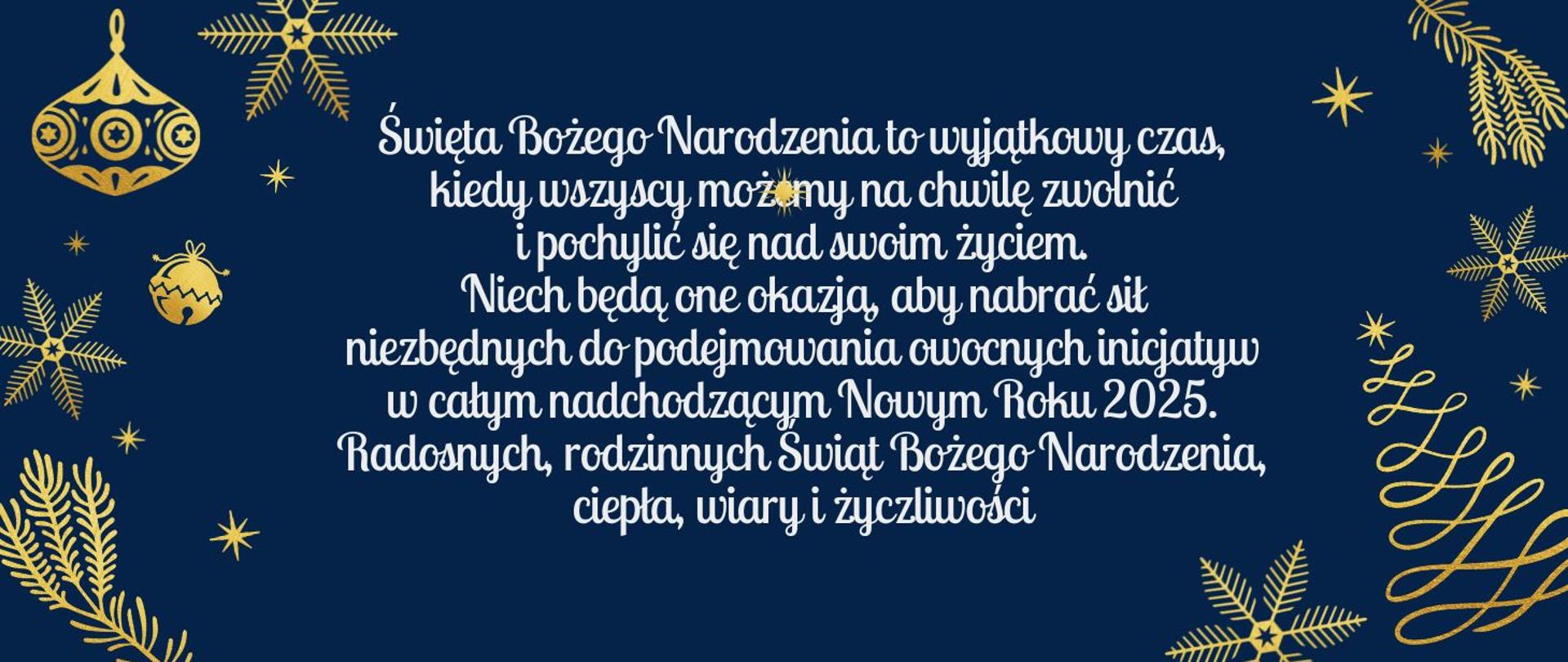 Życzenia Świąteczne z grafiką choinek, bombek w kolorze złotym na granatowym tle