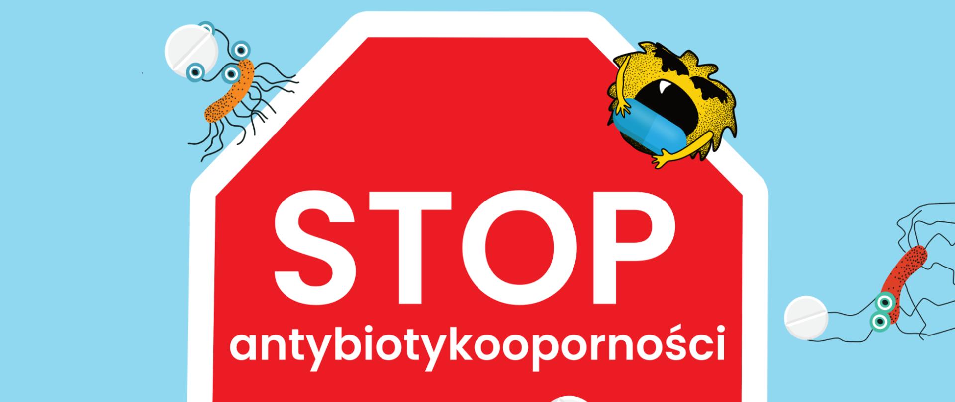 plakat grafika trawa i niebo czerwony znak stop antybiotykooporności