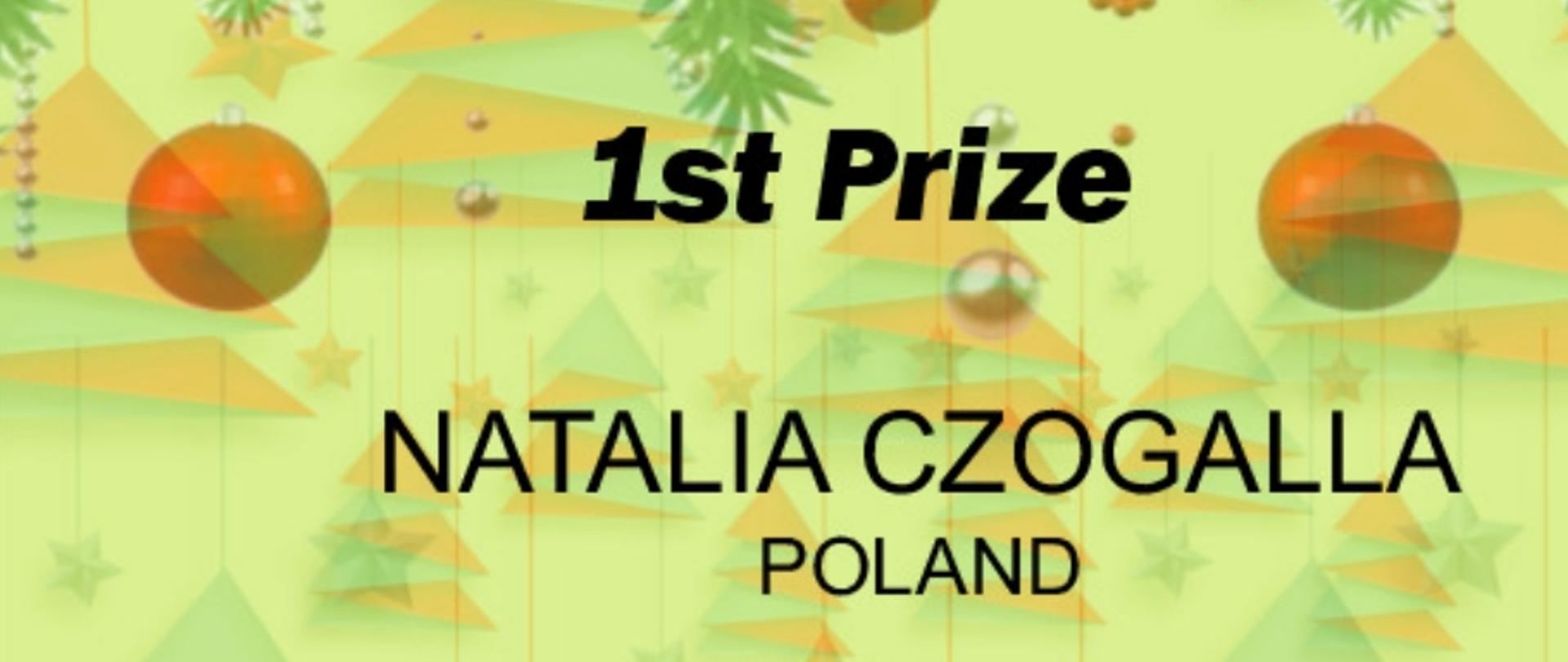 
Na plakacie przedstawiony jest dyplom przyznający pierwszą nagrodę Natalii Czogalli z Polski w kategorii skrzypce. Jest to część Międzynarodowego Festiwalu Sztuki LiveMuseArt Christmas Fest. Dyplom ma świąteczny motyw z ilustracjami choinek, prezentów i świątecznych ozdób. Zawiera także logo LiveMuseArt, a informacje są zaprezentowane na jasnożółtym tle, co nadaje mu ciepły i świąteczny nastrój. W dolnej części znajduje się podpis menadżera organizacji, dr Adeliny Rusu. Wydarzenie odbyło się 25 grudnia w Timișoarze.