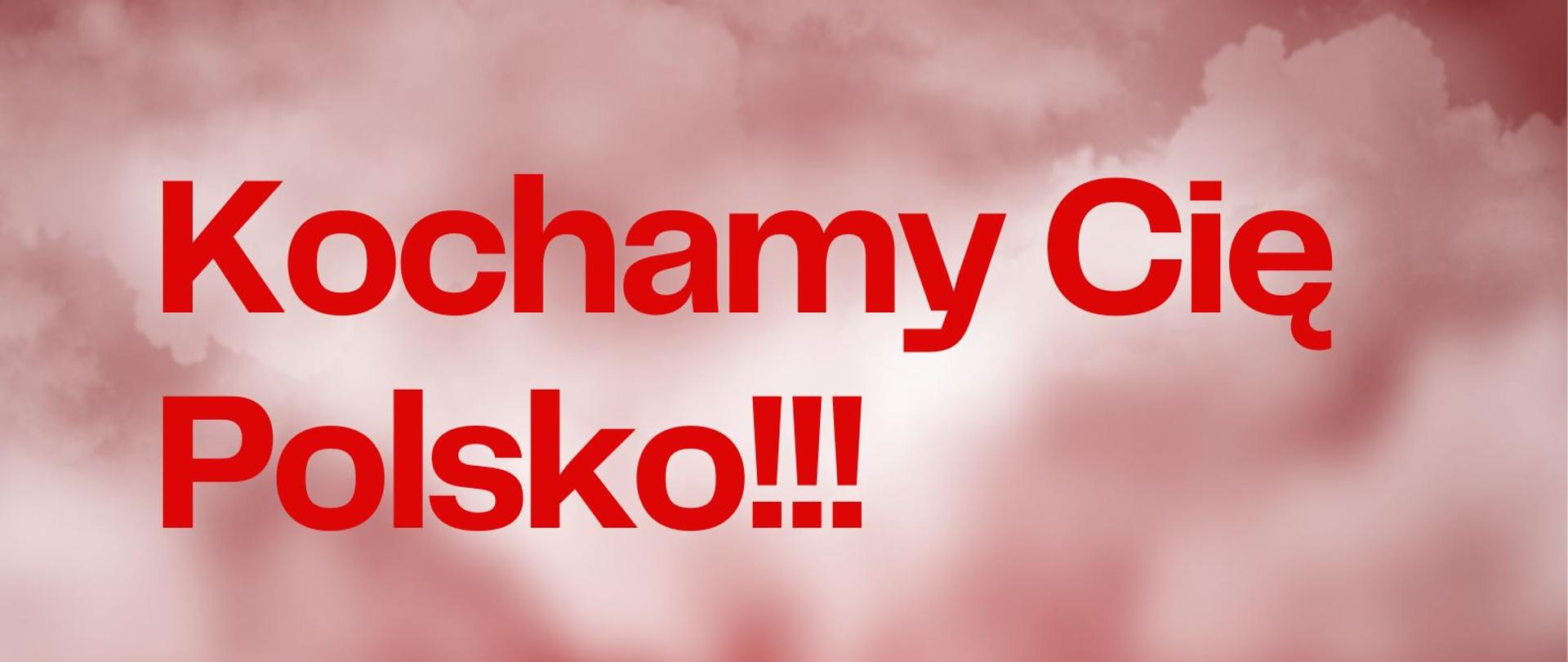 Na górze plakatu widnieje napis "Kochamy Cię Polsko" na białym tle. Reszta plakatu w kolorystyce czerwonej. W prawym dolnym rogu jest grafika uśmiechniętych dzieci. Plakat informuje o wspólnym śpiewaniu w dniu 14.11.2024 o godzinie 16:15 w auli PSM. 