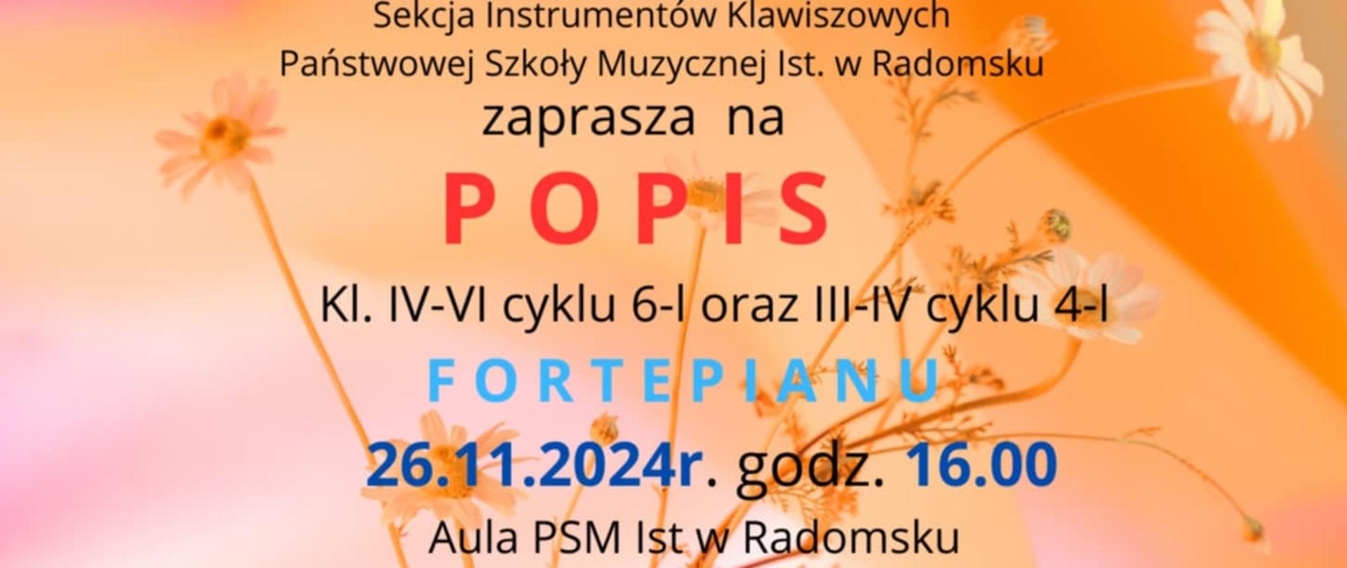 Na musztardowo-różowym tle znajdują się napisy informacyjne w kolorach czerwonym, błękitnym, granatowym i czarnym. W tle widnieją kwiaty rumianku w kolorach białym, żółtym, musztardowym.