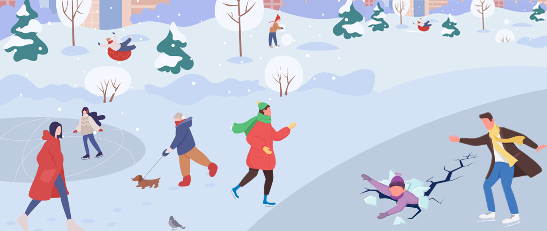 Grafika przedstawiająca ludzi w trakcie zabawy na zamarzniętym akwenie zimą 