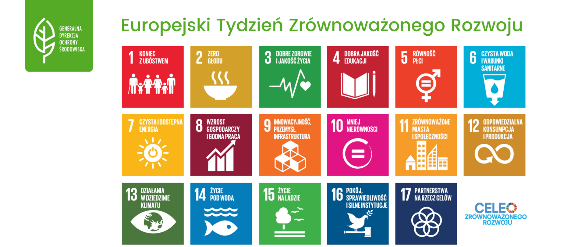 Na kolorowych kwadratach grafiki i opis 17 celów zrównoważonego rozwoju: 1. Koniec z ubóstwem. 2. Zero głodu. 3. Dobre zdrowie i jakość życia. 5. Równość płci. 6. Czysta woda i warunki sanitarne. 7.Czysta i dostępna energia. 8. Wzrost gospodarczy i godna praca. 9. Innowacyjność. Przemysł. Infrastruktura. 10. Mniej nierówności. 11. Zrównoważone miasta i społeczeństwo. 12. Odpowiedzialna konsumpcja i produkcja. 13. Działania w dziedzinie klimatu. 14. Życie pod wodą. 15. Życie na lądzie. 16. Pokój, sprawiedliwość i silne instytucje. 17. Partnerstwa na rzecz celów. 