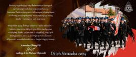Życzenia z okazji Dnia Strażaka 04.05.2024, w tle strażacy podczas marszu z flagą i sztandarem