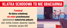 Infografika "Klatka schodowa to nie graciarnia" z informacjami czego nie należy przechowywać i składować