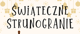 Plakat informujący o wydarzeniu muzycznym o nazwie 'Świąteczne Strunogranie', organizowanym przez Sekcję Instrumentów Strunowych PSM I Stopnia. Wydarzenie odbędzie się 14 stycznia 2025 roku o godzinie 18:00 w Sali Koncertowej. Na plakacie znajdują się ilustracje trzech instrumentów strunowych: kontrabasu, gitary i skrzypiec, na tle świątecznych dekoracji takich jak zawieszki, gwiazdy i śnieżynki, podkreślających świąteczny charakter wydarzenia.