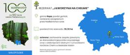 Rezerwat „Jaworzyna na Chełmie”. Mapa z lokalizacją i obszarem rezerwatu.