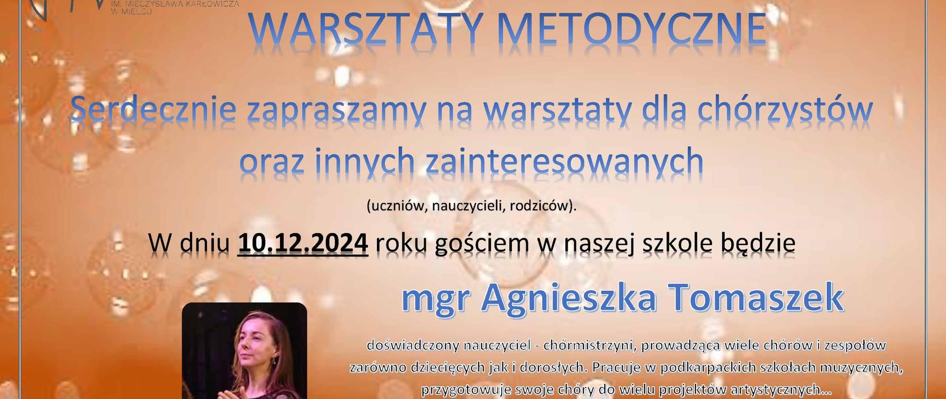 Serdecznie zapraszamy na warsztaty dla chórzystów oraz innych zainteresowanych (uczniów, nauczycieli, rodziców).
W dniu 10.12.2024 roku gościem w naszej szkole będzie mgr Agnieszka Tomaszek doświadczony nauczyciel - chórmistrzyni, prowadząca wiele chórów i zespołów zarówno dziecięcych jak i dorosłych. Pracuje w podkarpackich szkołach muzycznych, przygotowuje swoje chóry do wielu projektów artystycznych...
17:30 - Chór PSM I stopnia
Zapraszamy również innych uczniów jako wolnych słuchaczy, także z II stopnia