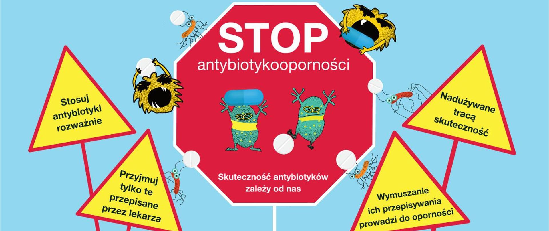 Stop antybiotykooporności - skuteczność antybiotyków zależy od nas. Stosuj antybiotyki rozważnie. Nadużywane tracą skuteczność. Wymuszanie ich przepisywania prowadzi do oporności