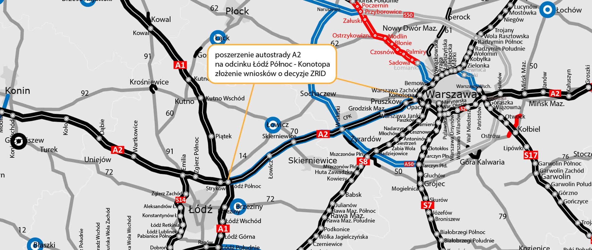 Mapa z zaznaczonym odcinkiem autostrady A2 między Łodzią a Warszawą, który zostanie poszerzony.