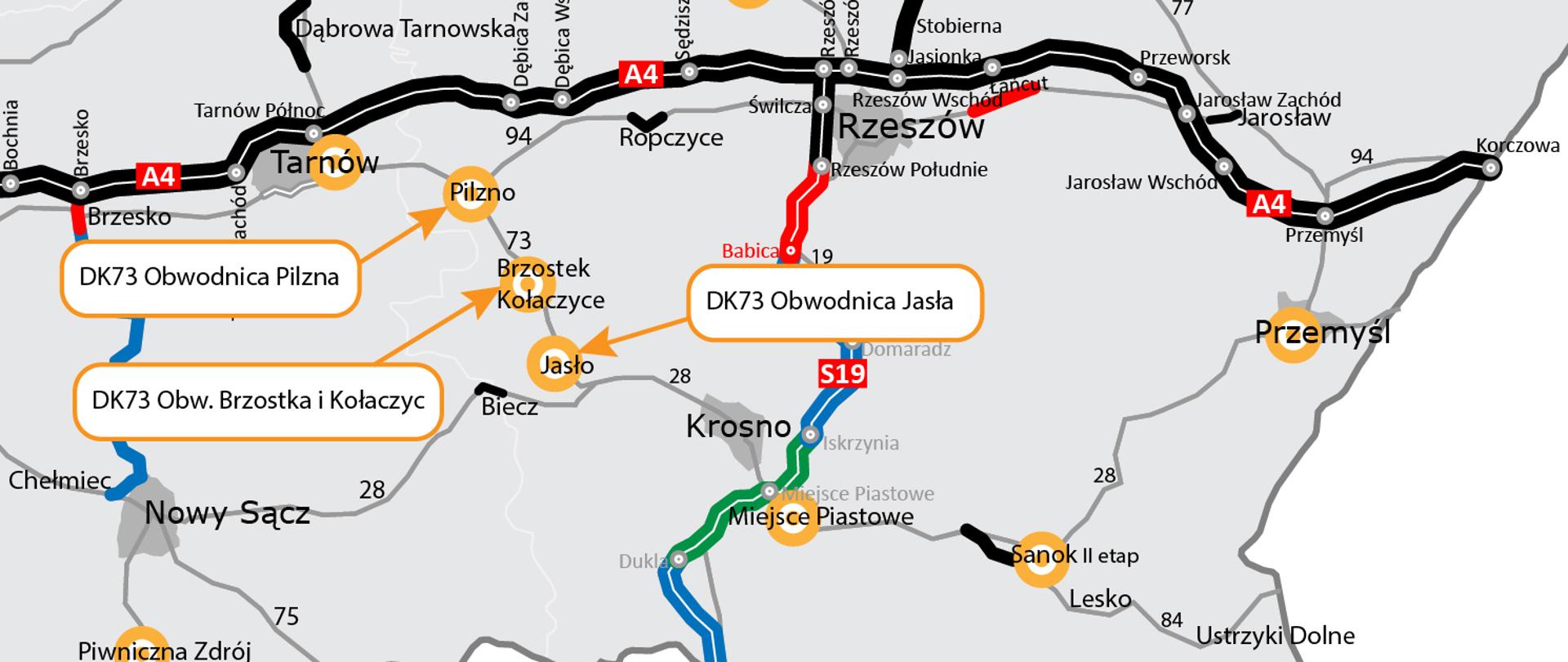 mapa z zaznaczoną lokalizacją obwodnic Pilzna, Jasła, Brzostku i Kołaczyc
