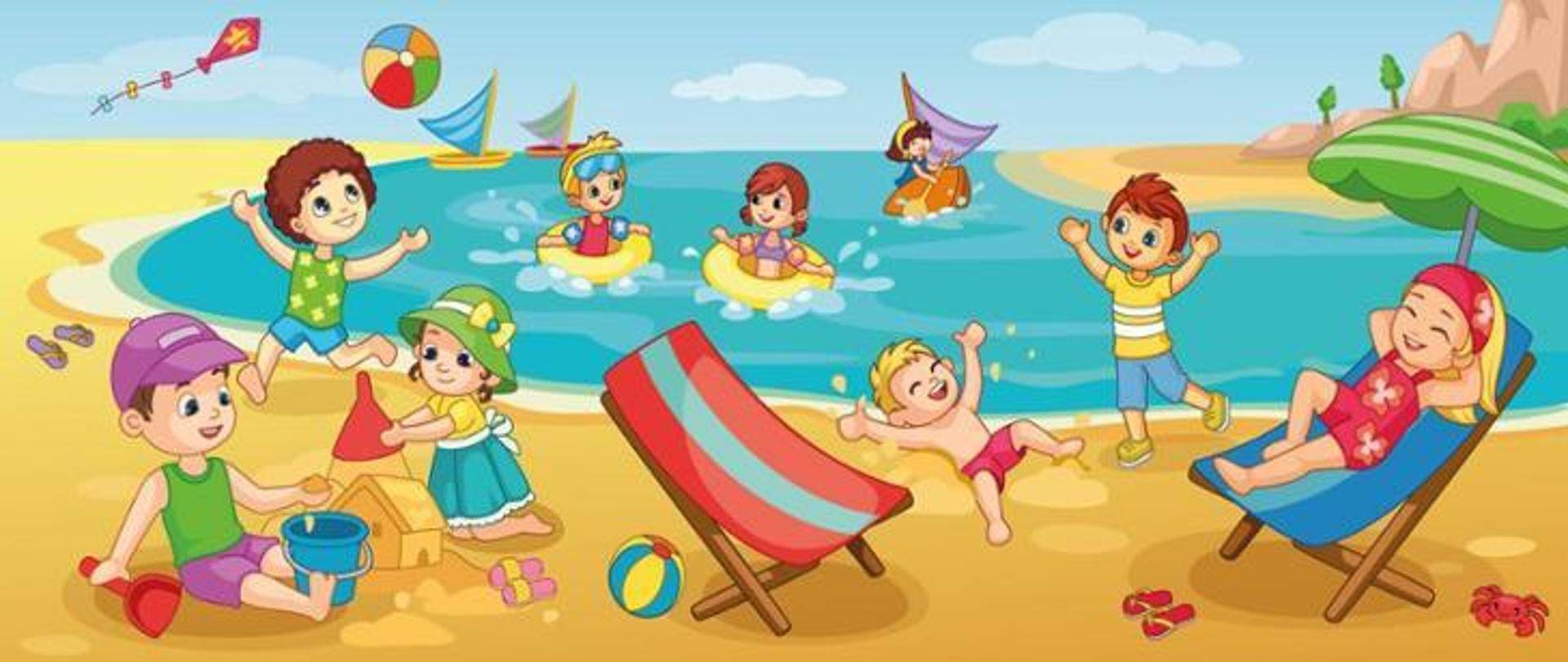 Grafika przedstawia dzieci bawiące się nad wodą i na plaży. Kolorowe postaci uśmiechnięte podczas rekreacji.