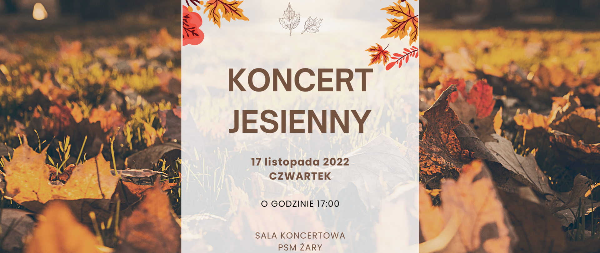 Na tle zdjęcia pokazujące liście opadłe na ziemię w różnych kolorach na białym tle. Koncert_jesienny 17 listopada czwartek 2022 godz. 17.00. Sala Koncertowa Psm Żary