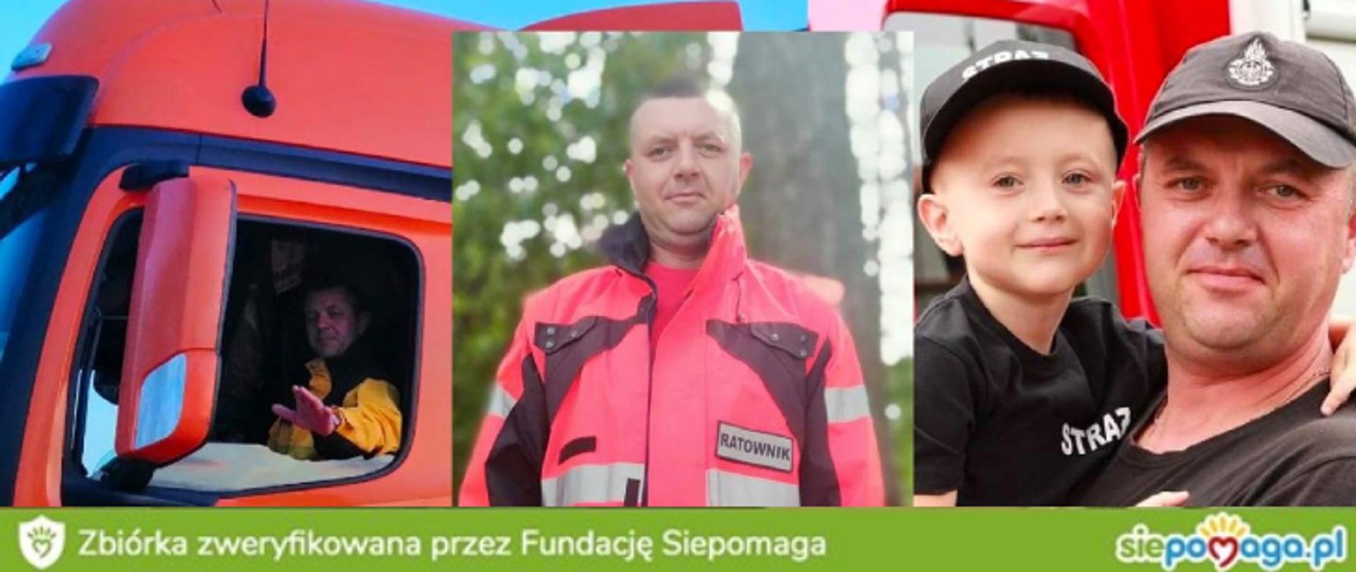 Na zdjęciu Bartłomiej Sobczak, po prawej stronie z synem, na środku w ubraniu ratowniczym, po lewej w kabinie samochodu ciężarowego.